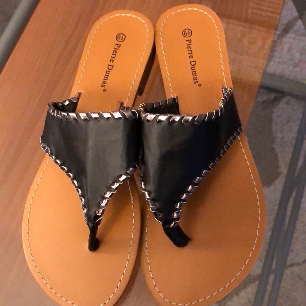 Pierre Dumas flat sandals. Black with silver stitching, size 6.5